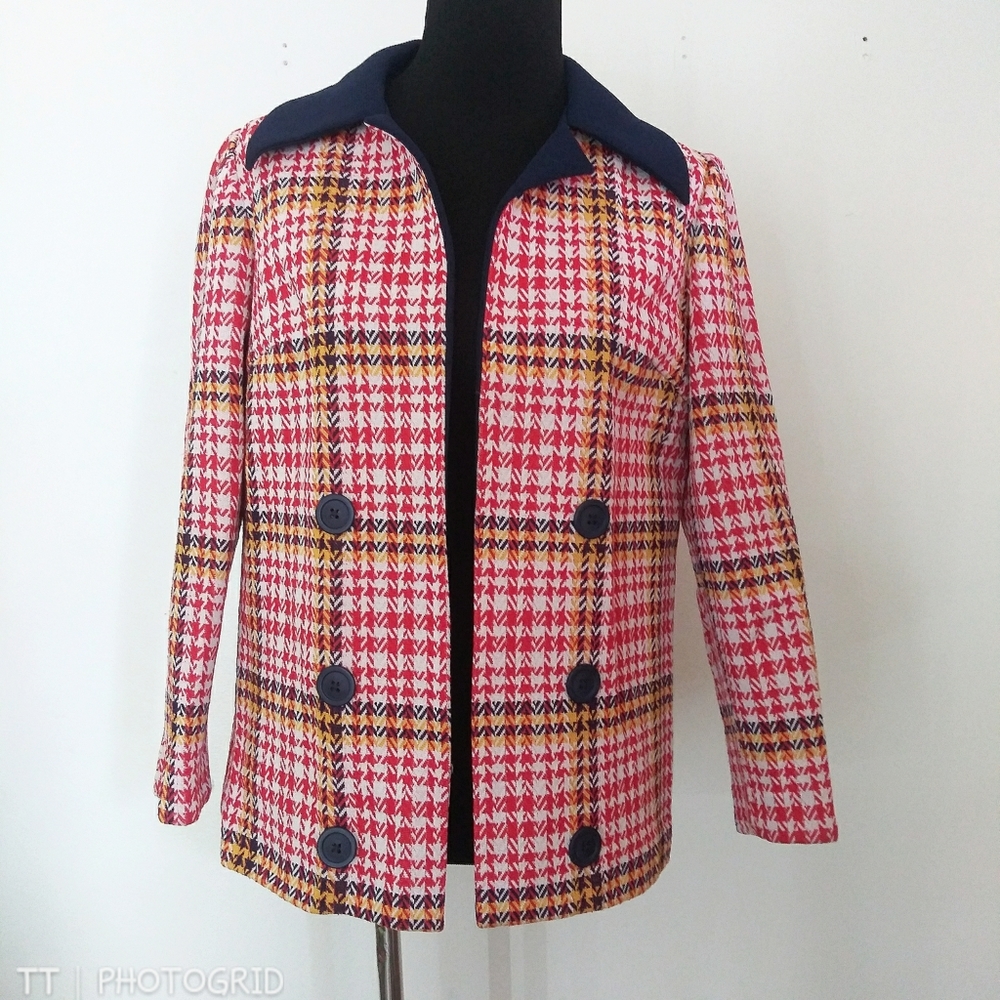 Vintage union made plaid double Knit open front jacket